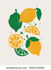 Abstract Floral Posters Set with Lemon Fruits and Leaves . Trendy Groovy Abstract paper cut elements, fruits and berries for social media, postcards, print.