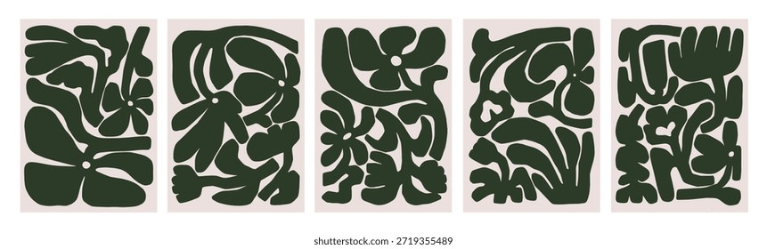 Abstractas carteles florales en estilo moderno. Diseños contemporáneos de la tarjeta de la flor, arte de la pared. Fondos extravagantes creativos con la naturaleza, Formas orgánicas, patrón, textura. Ilustraciones vectoriales planas