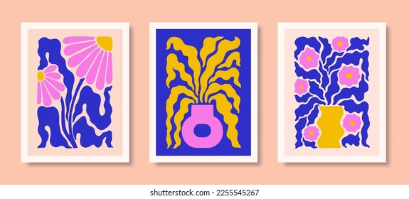 Resumen de pósters florales con plantas en vasos y flores de margarita. Modernas impresiones botánicas en estilo minimal contemporáneo. Ilustración del vector Groovy de moda en colores amarillo, azul y rosa brillante