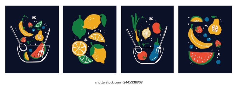 Abstract Floral Posters Set with Vegetables and Leaves . Trendy Groovy Abstract paper cut elements, fruits and berries for social media, postcards, print.
