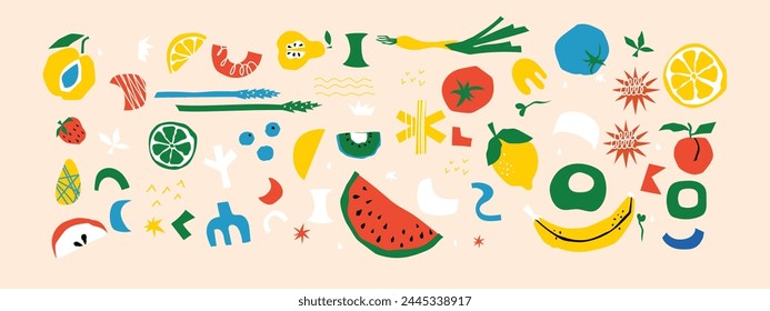 Abstract Floral Posters Set with Vegetables and Leaves . Trendy Groovy Abstract paper cut elements, fruits and berries for social media, postcards, print.