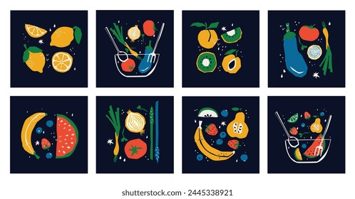 Abstract Floral Posters Set with Vegetables and Leaves . Trendy Groovy Abstract paper cut elements, fruits and berries for social media, postcards, print.