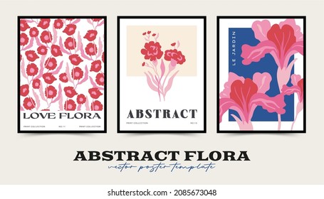 Abstract floral posters template collection. Modern trendy Matisse minimal style. Pink and blue colors.