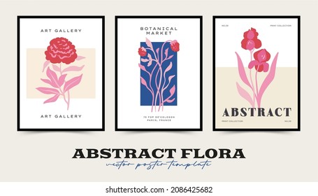 Abstract floral posters template collection. Modern trendy Matisse minimal style. Pink and blue colors.