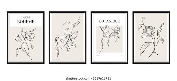 Modelo de cartazes florais abstratos. Mínima arte da moldura da parede da flor botânica, desenho de esboço da tinta da planta da natureza orgânica para capas de cartão, arte estética boho. Conjunto de vetores.