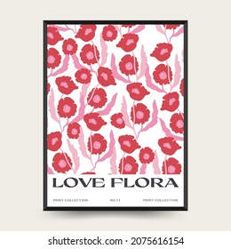 Plantilla de afiches florales abstractos. Moderna moda Matisse minimalista. Colores rosa y azul. Diseño dibujado a mano para papel pintado, decoración de pared, impresión, postal, cubierta, plantilla, banner. 