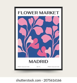 Abstract floral posters template. Modern trendy Matisse minimal style. Pink and blue colors. Hand drawn design for wallpaper, wall decor, print, postcard, cover, template, banner. 