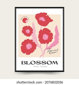 Abstract floral posters template. Modern trendy Matisse minimal style. Pink and blue colors. Hand drawn design for wallpaper, wall decor, print, postcard, cover, template, banner. 