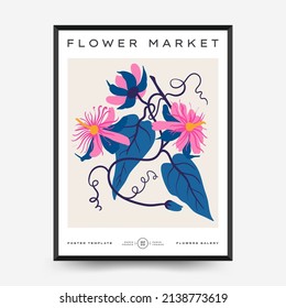 Abstract floral posters template. Modern trendy Matisse minimal style. Pink and blue colors. Hand drawn design for wallpaper, wall decor, print, postcard, cover, template, banner. 