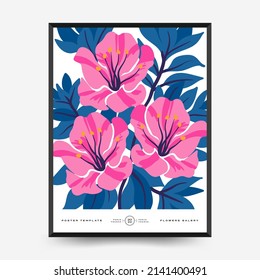 Abstract floral posters template. Modern trendy Matisse minimal style. Pink and blue colors. Hand drawn design for wallpaper, wall decor, print, postcard, cover, template, banner. 