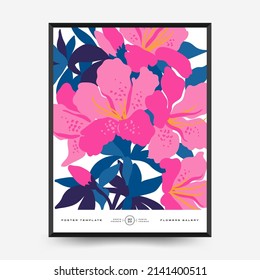 Abstract floral posters template. Modern trendy Matisse minimal style. Pink and blue colors. Hand drawn design for wallpaper, wall decor, print, postcard, cover, template, banner. 