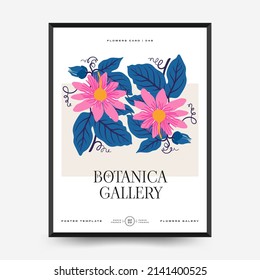 Plantilla de afiches florales abstractos. Moderna moda Matisse minimalista. Colores rosa y azul. Diseño dibujado a mano para papel pintado, decoración de pared, impresión, postal, cubierta, plantilla, banner. 