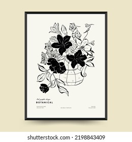 Abstract floral posters template. Modern Botanical trendy black style. Vintage flowers. Ink wall  art.