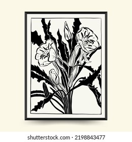 Abstract floral posters template. Modern Botanical trendy black style. Vintage flowers. Ink wall  art.