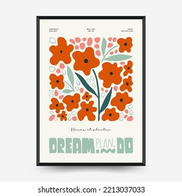 Abstract floral posters template. Modern trendy Matisse minimal style. Pink and blue colors. Hand drawn design for wallpaper, wall decor, print, postcard, cover, template, banner. 