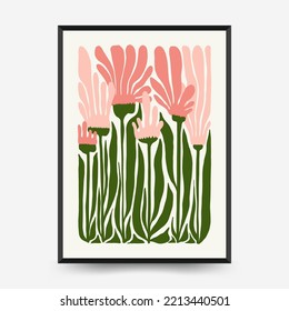 Modèle abstrait d'affiches florales. Le style moderne et branché de Matisse minimaliste. Couleurs roses et bleues. Conception dessinée à la main pour fond d'écran, décoration murale, impression, carte postale, couverture, modèle, bannière. 