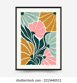 Abstract floral posters template. Modern trendy Matisse minimal style. Pink and blue colors. Hand drawn design for wallpaper, wall decor, print, postcard, cover, template, banner. 