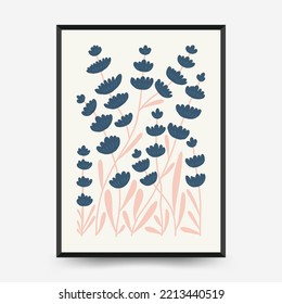 Abstract floral posters template. Modern trendy Matisse minimal style. Pink and blue colors. Hand drawn design for wallpaper, wall decor, print, postcard, cover, template, banner. 