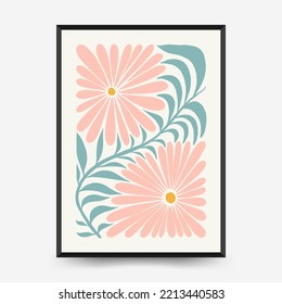 Abstract floral posters template. Modern trendy Matisse minimal style. Pink and blue colors. Hand drawn design for wallpaper, wall decor, print, postcard, cover, template, banner. 