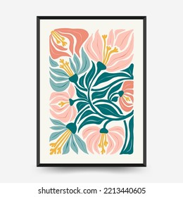 Abstract floral posters template. Modern trendy Matisse minimal style. Pink and blue colors. Hand drawn design for wallpaper, wall decor, print, postcard, cover, template, banner. 