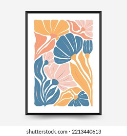 Abstract floral posters template. Modern trendy Matisse minimal style. Pink and blue colors. Hand drawn design for wallpaper, wall decor, print, postcard, cover, template, banner. 