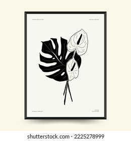 Abstract floral posters template. Modern Botanical trendy black style. Vintage flowers. Ink wall  art.