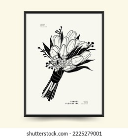 Abstract floral posters template. Modern Botanical trendy black style. Vintage flowers. Ink wall  art.