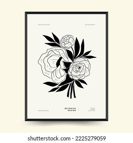 Abstract floral posters template. Modern Botanical trendy black style. Vintage flowers. Ink wall  art.