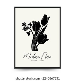 Abstract floral posters template. Modern Botanical trendy black style. Vintage flowers. Ink wall  art.