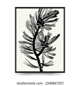 Abstract floral posters template. Modern Botanical trendy black style. Vintage flowers. Ink wall  art.