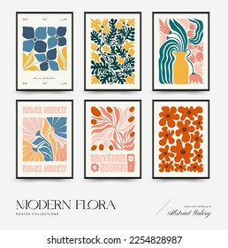 Abstract floral posters template. Modern trendy Matisse minimal style. Pink and blue colors. Hand drawn design for wallpaper, wall decor, print, postcard, cover, template, banner. 