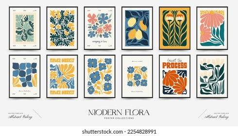 Abstract floral posters template. Modern trendy Matisse minimal style. Pink and blue colors. Hand drawn design for wallpaper, wall decor, print, postcard, cover, template, banner. 
