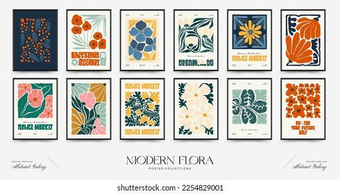 Abstract floral posters template. Modern trendy Matisse minimal style. Pink and blue colors. Hand drawn design for wallpaper, wall decor, print, postcard, cover, template, banner. 