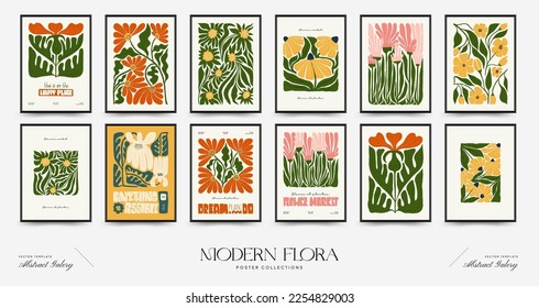 Plantilla de afiches florales abstractos. Moderna moda Matisse minimalista. Colores rosa y azul. Diseño dibujado a mano para papel pintado, decoración de pared, impresión, postal, cubierta, plantilla, banner. 