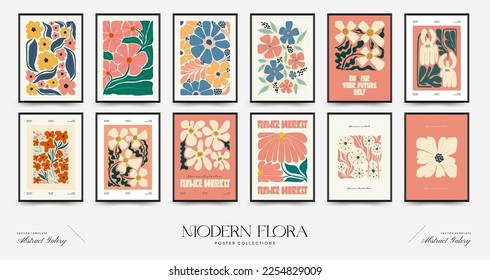 Abstract floral posters template. Modern trendy Matisse minimal style. Pink and blue colors. Hand drawn design for wallpaper, wall decor, print, postcard, cover, template, banner. 