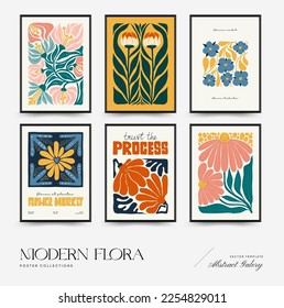 Abstract floral posters template. Modern trendy Matisse minimal style. Pink and blue colors. Hand drawn design for wallpaper, wall decor, print, postcard, cover, template, banner. 