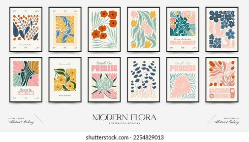 Abstract floral posters template. Modern trendy Matisse minimal style. Pink and blue colors. Hand drawn design for wallpaper, wall decor, print, postcard, cover, template, banner. 