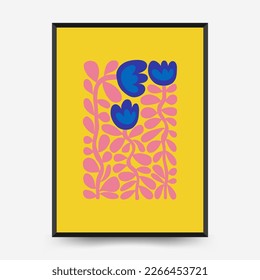 Abstract floral posters template. Modern trendy Matisse minimal style. Pink and blue colors. Hand drawn design for wallpaper, wall decor, print, postcard, cover, template, banner. 