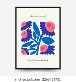Abstract floral posters template. Modern trendy Matisse minimal style. Pink and blue colors. Hand drawn design for wallpaper, wall decor, print, postcard, cover, template, banner. 
