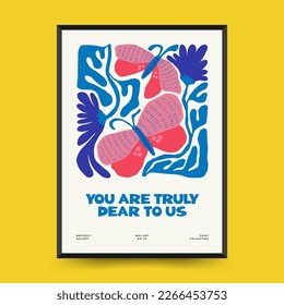 Abstract floral posters template. Modern trendy Matisse minimal style. Pink and blue colors. Hand drawn design for wallpaper, wall decor, print, postcard, cover, template, banner. 