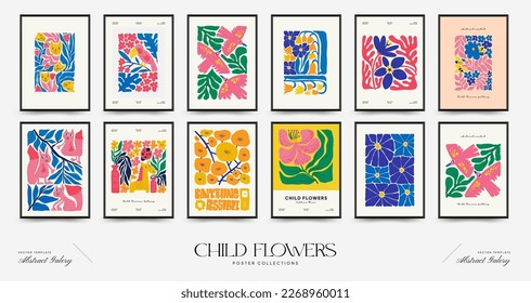 Abstract floral posters template. Modern trendy Matisse minimal style. Pink and yellow colors. Hand drawn design for wallpaper, wall decor, print, postcard, cover, template, banner. 