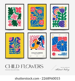 Abstract floral posters template. Modern trendy Matisse minimal style. Pink and yellow colors. Hand drawn design for wallpaper, wall decor, print, postcard, cover, template, banner. 