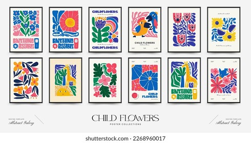 Abstract floral posters template. Modern trendy Matisse minimal style. Pink and yellow colors. Hand drawn design for wallpaper, wall decor, print, postcard, cover, template, banner. 