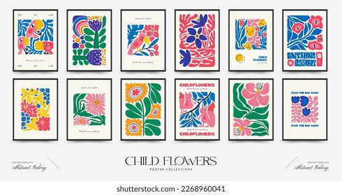 Abstract floral posters template. Modern trendy Matisse minimal style. Pink and yellow colors. Hand drawn design for wallpaper, wall decor, print, postcard, cover, template, banner. 