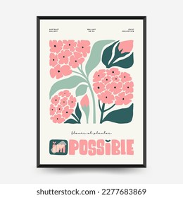 Abstract floral posters template. Modern trendy Matisse minimal style. Pink and blue colors. Hand drawn design for wallpaper, wall decor, print, postcard, cover, template, banner. 