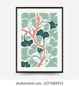 Plantilla de afiches florales abstractos. Moderna moda Matisse minimalista. Colores rosa y azul. Diseño dibujado a mano para papel pintado, decoración de pared, impresión, postal, cubierta, plantilla, banner. 