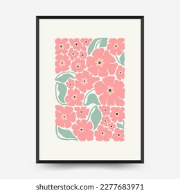 Abstract floral posters template. Modern trendy Matisse minimal style. Pink and blue colors. Hand drawn design for wallpaper, wall decor, print, postcard, cover, template, banner. 