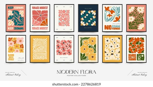 Abstract floral posters template. Modern trendy Matisse minimal style. Pink and blue colors. Hand drawn design for wallpaper, wall decor, print, postcard, cover, template, banner. 