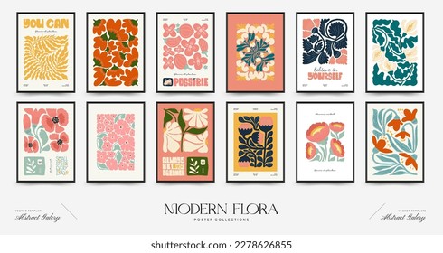 Abstract floral posters template. Modern trendy Matisse minimal style. Pink and blue colors. Hand drawn design for wallpaper, wall decor, print, postcard, cover, template, banner. 