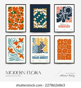 Abstract floral posters template. Modern trendy Matisse minimal style. Pink and blue colors. Hand drawn design for wallpaper, wall decor, print, postcard, cover, template, banner. 